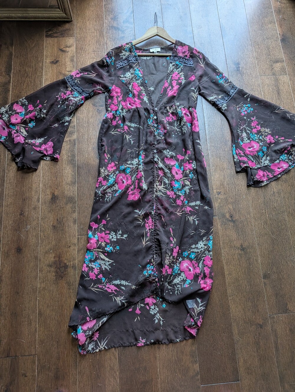 Floral High-Low Maxi Dress in Black with Pink & Teal Accents